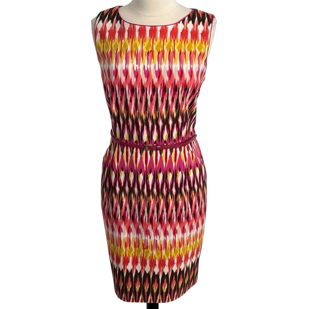 Roz & Ali Women's Sleeveless Round Neck Midi Vibrant Ikat Multicolor Dress Sz 16